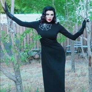 Retro Long Black Spider Dress with Sexy Leg Cut